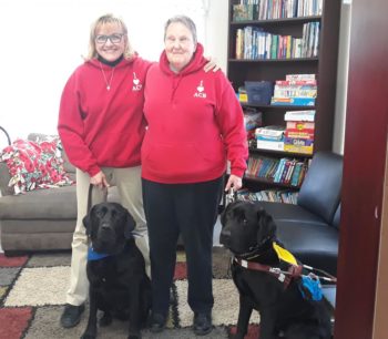 Therapy Dog Clive and Guide Dog Nate are sitting in front of Cheryl and Nancy who are wearing red ACB hoodies.